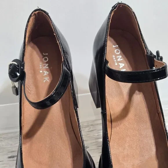 Jonak Paris‎ Shoes 7.5 / 38 Black Leather Chunky Heeled Mary Janes Platform New - Picture 6 of 14